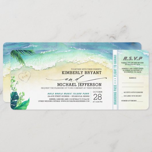 Invitation Tropical Beach Heart Shore Mariage Boarding Pass (Devant / Derrière)