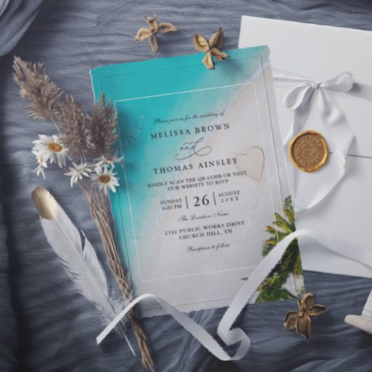 Invitation Tropical Beach Monogram Modern QR Code Wedding
