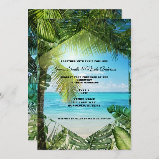 Invitation Tropical Beach Palm Feuille Chic Mariage Invitati (Devant / Derrière)