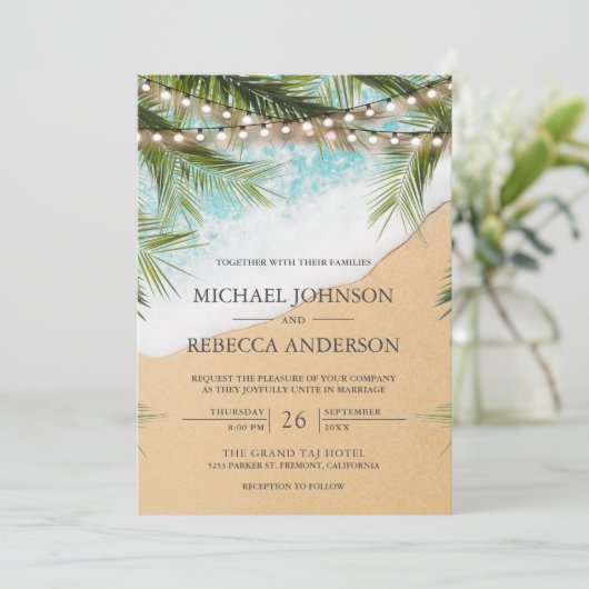 Invitation Tropical Beach Palm Lights Photo QR Code Mariage (Debout devant)