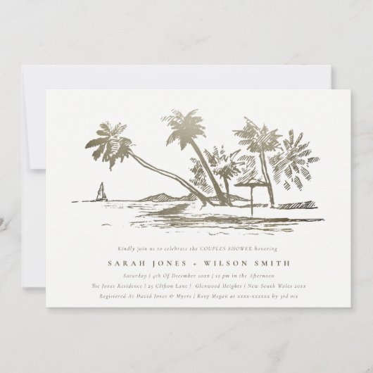 Invitation Tropical Beach Palm Sketch Gold Couples Douche (Devant)