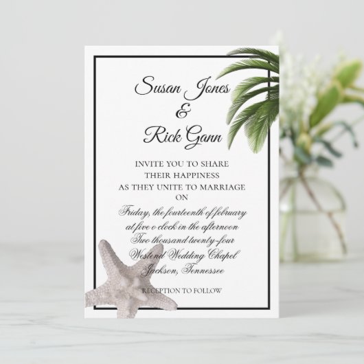 Invitation Tropical Beach Palm Starfish Moderne Mariage blanc (Debout devant)