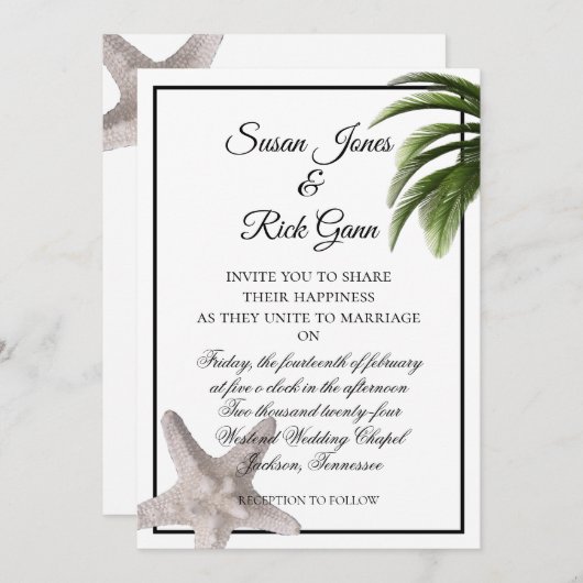 Invitation Tropical Beach Palm Starfish Moderne Mariage blanc (Devant / Derrière)