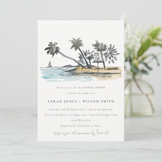 Invitation Tropical Beach Palm Tree Sketch Couples Douche (Debout devant)