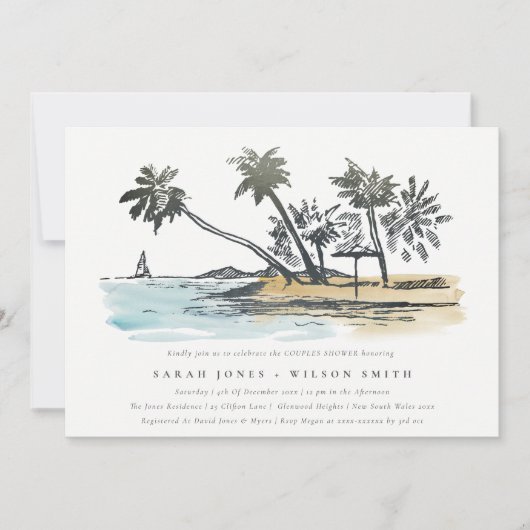 Invitation Tropical Beach Palm Tree Sketch Couples Douche (Devant)