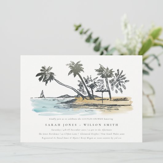 Invitation Tropical Beach Palm Tree Sketch Couples Douche (Debout devant)