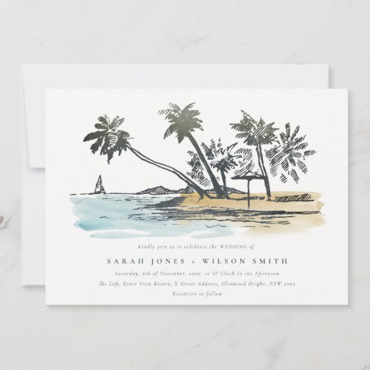 Invitation Tropical Beach Palm Tree Sketch Mariage d'aquarell (Devant)