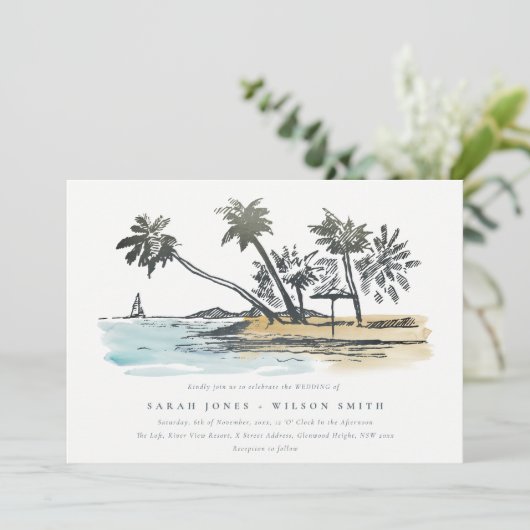 Invitation Tropical Beach Palm Tree Sketch Mariage d'aquarell (Debout devant)