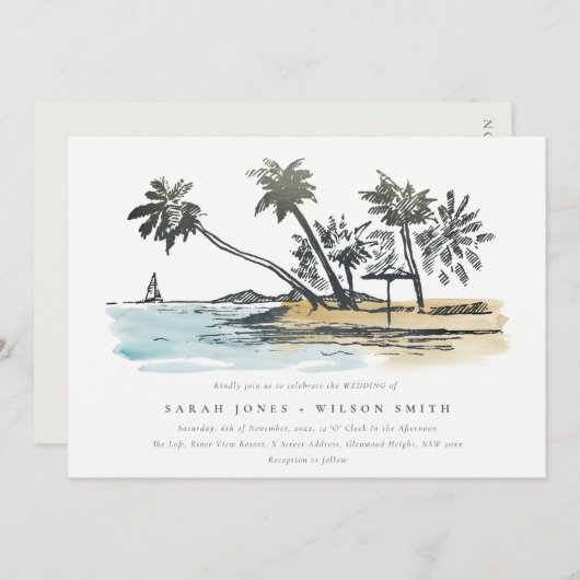 Invitation Tropical Beach Palm Tree Sketch Mariage d'aquarell (Devant / Derrière)
