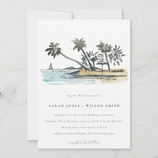 Invitation Tropical Beach Palm Tree Sketch Mariage d'aquarell (Devant)