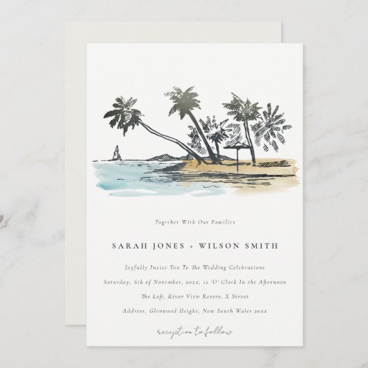 Invitation Tropical Beach Palm Tree Sketch Mariage d'aquarell (Devant / Derrière)