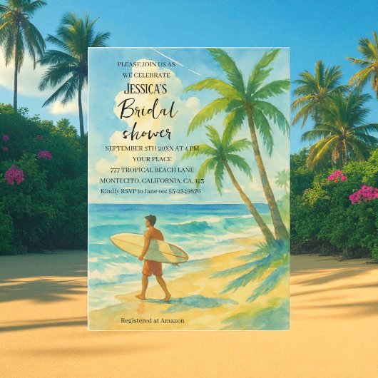 Invitation Tropical Beach Palm Tree Surfing Bridal Shower