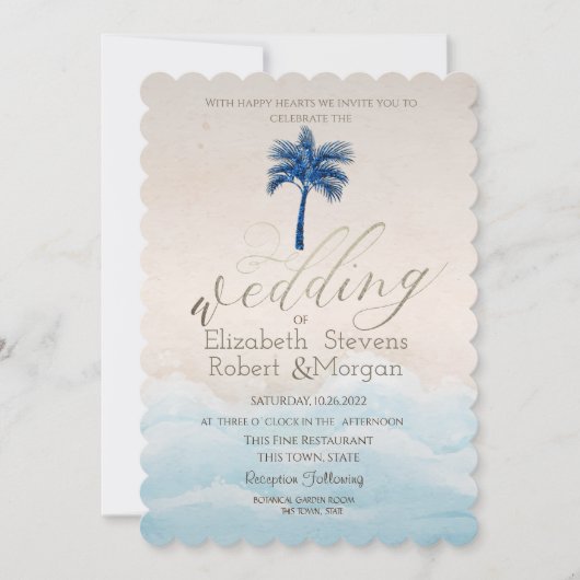 Invitation Tropical Beach Parties scintillant Palm Mariage (Devant)