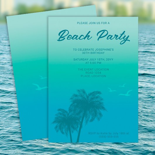 Invitation Tropical Beach Party Aqua Blue Palm Trees Annivers