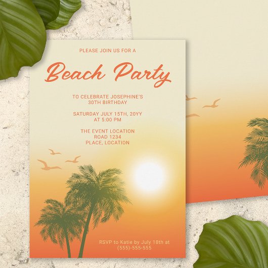 Invitation Tropical Beach Party Sunset Palm Trees Anniversair