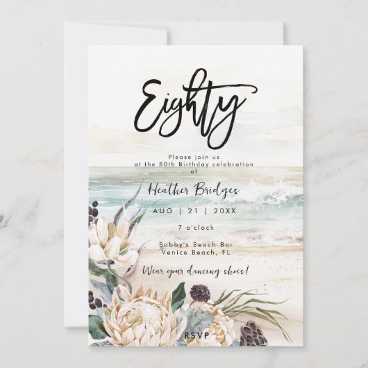 Invitation Tropical beach protéa 80e anniversaire invitati (Devant)