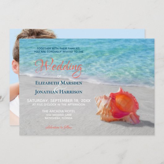Invitation Tropical Beach Seashell Modern Photo Mariage (Devant / Derrière)