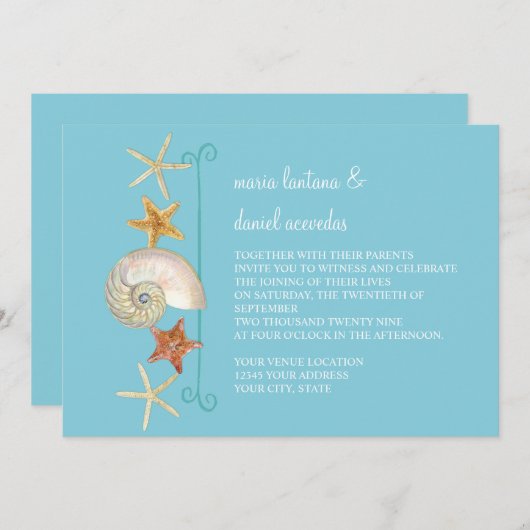 Invitation Tropical Beach Shells Starfish Nautilus Été (Devant / Derrière)