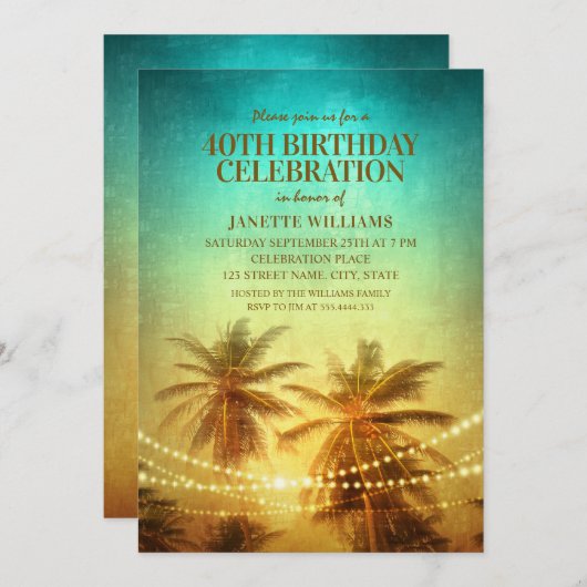 Invitation Tropical Beach Thématique 40e anniversaire fête Ha (Devant / Derrière)