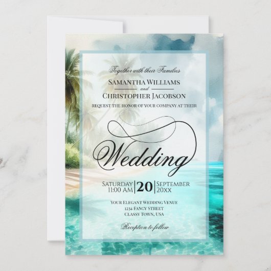 Invitation Tropical Beach Watercolor Fancy Script Wedding (Devant)