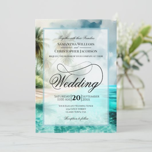 Invitation Tropical Beach Watercolor Fancy Script Wedding (Debout devant)