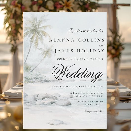 Invitation Tropical Beach Watercolor Palm Tree Wedding
