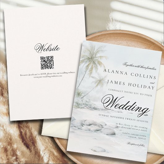 Invitation Tropical Beach Watercolor Palm Tree Wedding