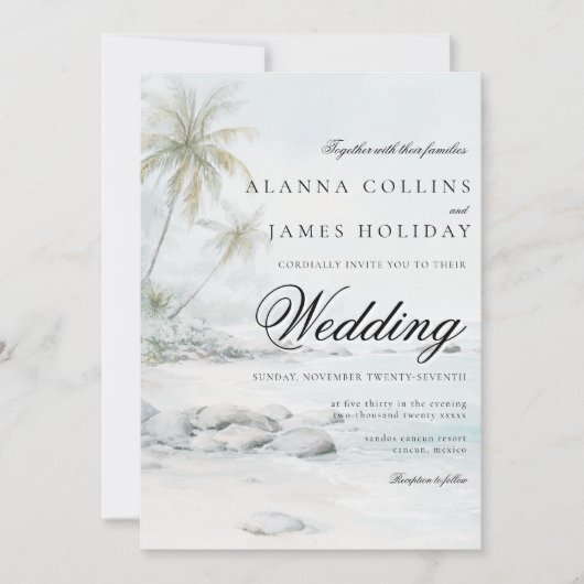 Invitation Tropical Beach Watercolor Palm Tree Wedding (Devant)