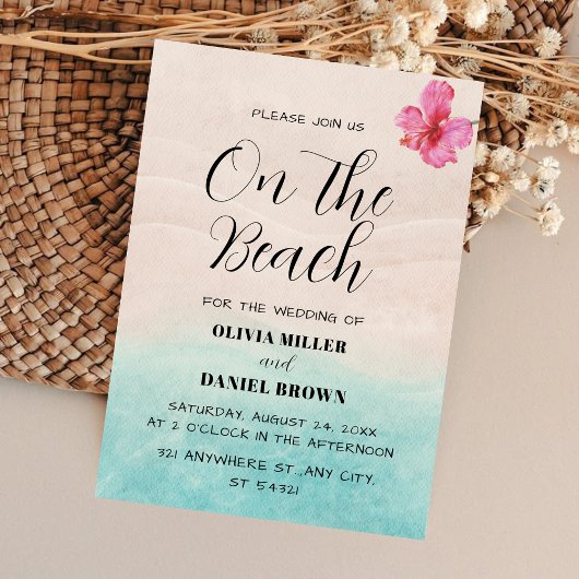 Invitation Tropical Beach with Hibiscus Flower Wedding