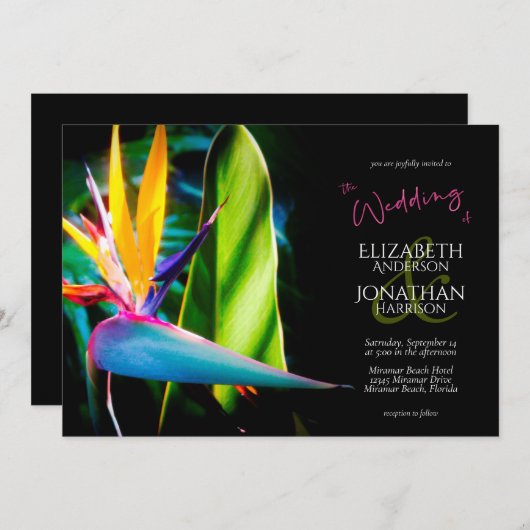 Invitation Tropical Bird Of Paradise Fleurs Sombres Mariage (Devant / Derrière)