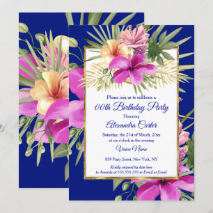 Invitation Tropical Bleu Rose Pourpre Hibiscus Fête Florale