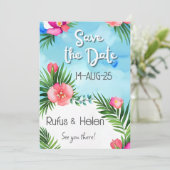 Invitation Tropical Blooms Summer Beach Wedding Save the Date (Debout devant)