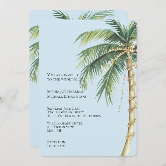Invitation Tropical Blue Gold Glitzy Palm Tree Mariage (Devant / Derrière)