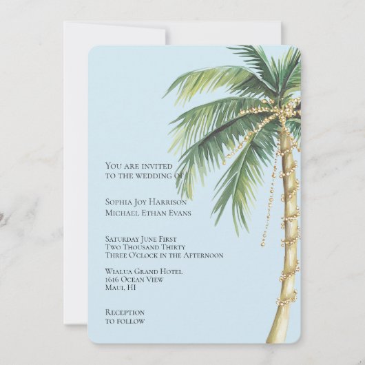 Invitation Tropical Blue Gold Glitzy Palm Tree Mariage (Devant)