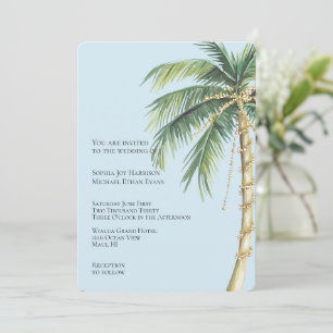 Invitation Tropical Blue Gold Glitzy Palm Tree Mariage