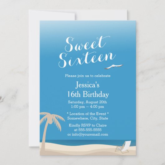 Invitation Tropical Blue Sky Beach thème Sweet 16 (Devant)