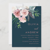 Invitation Tropical Blush Floral Moderne Mariage de la marine (Devant)