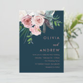 Invitation Tropical Blush Floral Moderne Mariage de la marine (Debout devant)