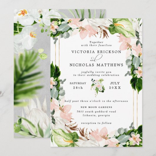 Invitation Tropical Blush Rose Blanc Floral Mariage (Devant / Derrière)