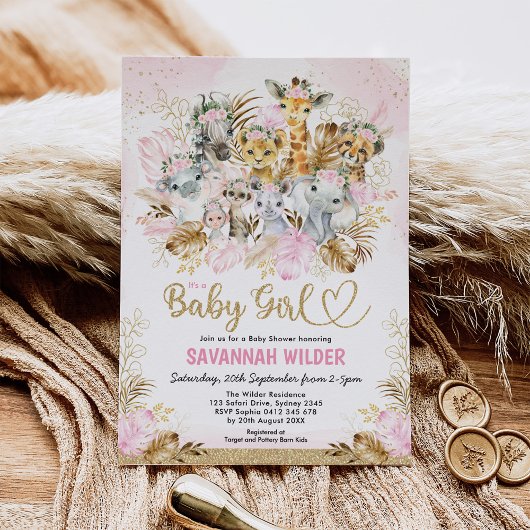 Invitation Tropical Boho Safari bébé fille Blush Gold Douche
