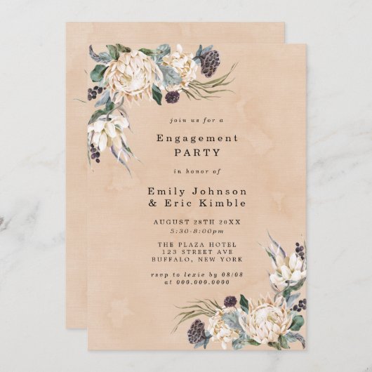 Invitation Tropical Boho White Protea Engagement Party Invita (Devant / Derrière)