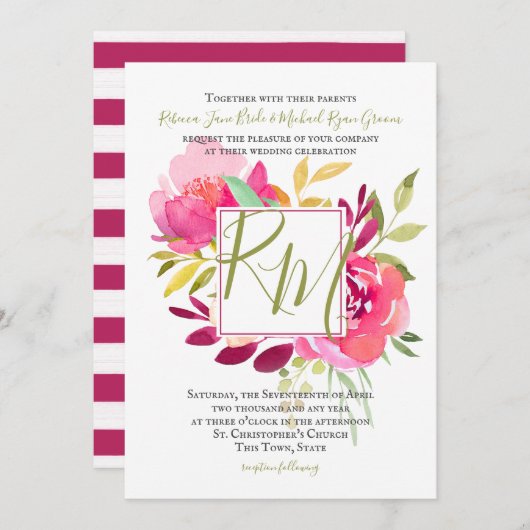 Invitation Tropical Bright Rose Carré cadre Monogramme (Devant / Derrière)