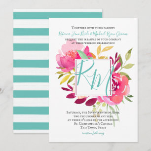 Invitation Tropical Bright Rose Carré cadre Monogramme