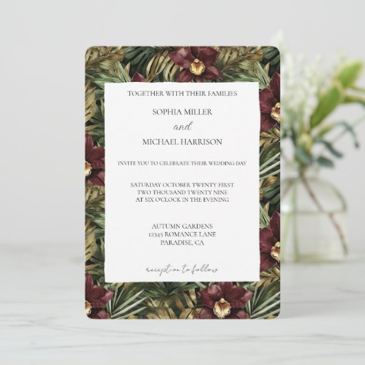 Invitation Tropical Burgundy Red Wine Orchid Floral Wedding (Debout devant)