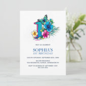 Invitation Tropical Butterfly Floral 1st Birthday Party (Debout devant)