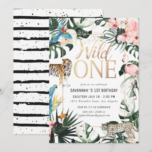 Invitation Tropical Chic | Gold Wild One Birthday Party (Devant / Derrière)