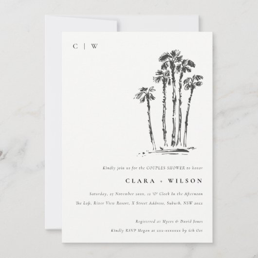 Invitation Tropical Coastal Palm Tree Sketch Couples Douche (Devant)