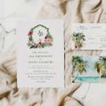 Invitation Tropical Crest Hibiscus Hawaii Destination Wedding<br><div class="desc">This elegant tropical crest design features vibrant hibiscus flowers, lush palm leaves, and a delicate watercolor bird of paradise arranged around a classic ornamental crest. The soft green frame creates a beautiful space for a monogram while the surrounding florals bring a fresh island-inspired feel. Perfect for destination weddings in Hawaii...</div>