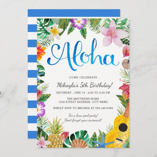Invitation tropical de fête d'anniversaire de Luau (Devant / Derrière)