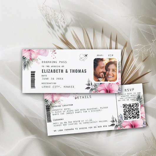 Invitation Tropical Destination Boarding Pass Floral Mariage